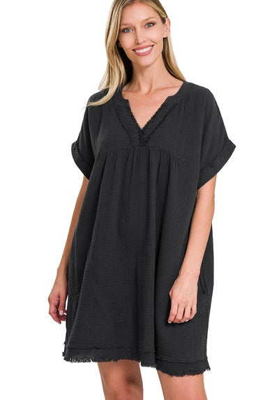 GAUNA RAW EDGE V-NECK DRESS~BLACK