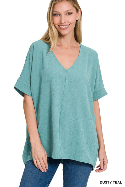 PORTIA V-NECK LOOSE FIT BLOUSE~DUSTY TEAL