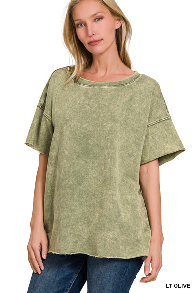 TERRY ACID WASH RAW EDGE TOP~OLIVE