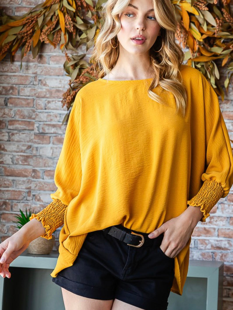 MUSTARD SMOCKED 3/4 BAND TOP