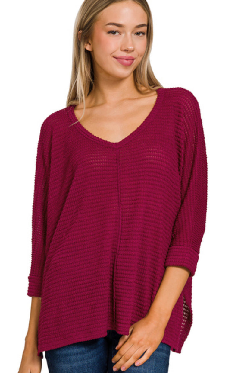 SUSAN JACQUARD HI LO SWEATER~CABERNET