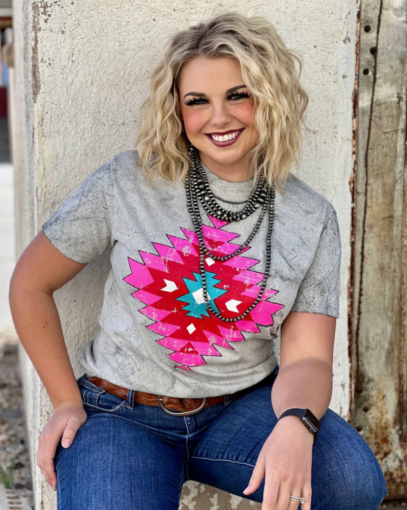 TX TRUE THREADS TEE~POPPIN’ PINK AZTEC