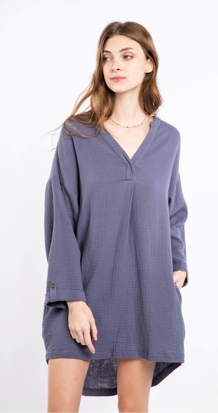 CALLIE GAUZE SHIRT DRESS-DENIM BLUE