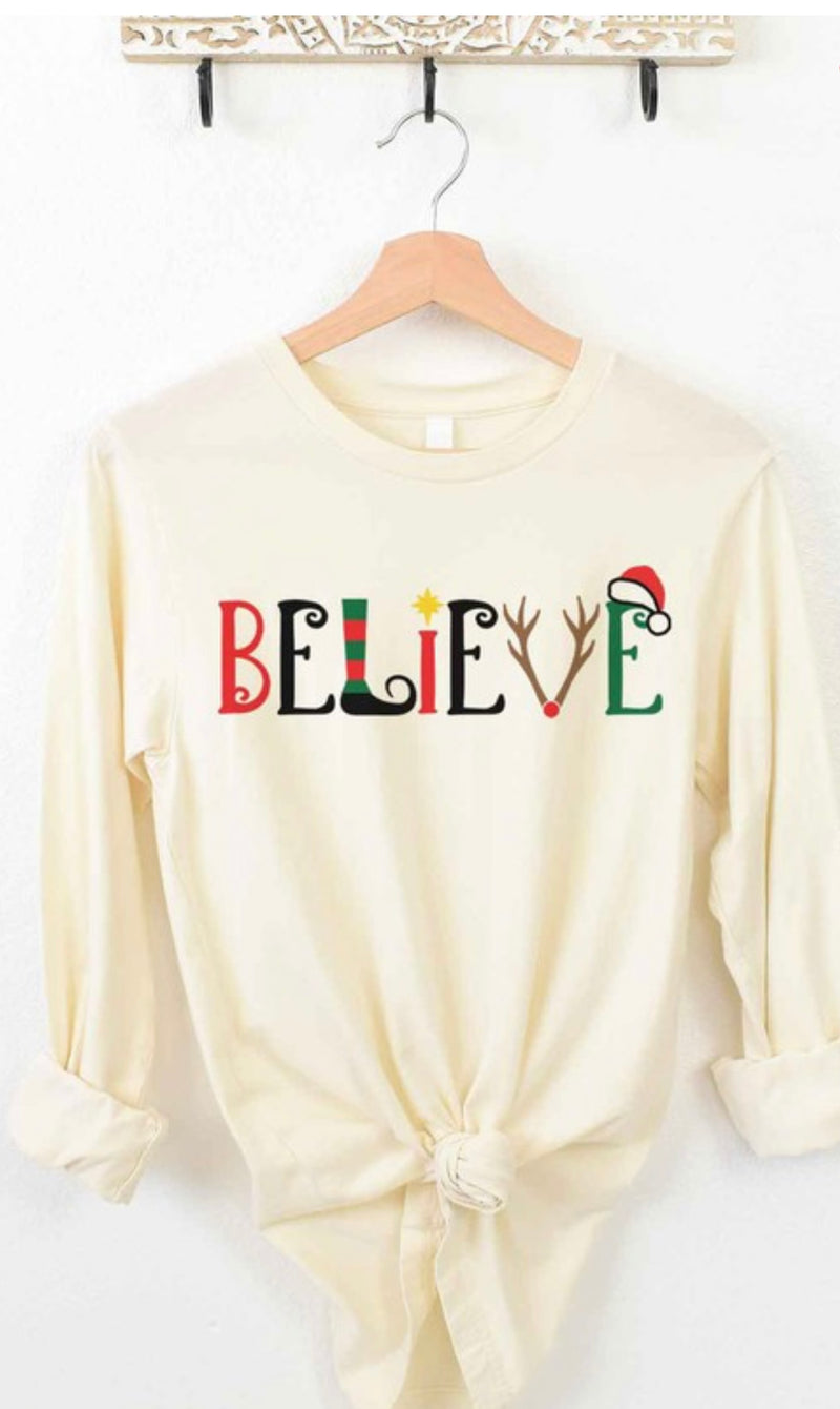 BELIEVE LONG SLEEVE TEE CHRISTMAS TEE